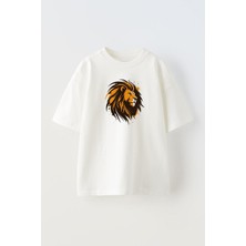 The Wert Unisex Lion Head Tasarım Baskılı Pamuk Beyaz Oversize T-Shirt