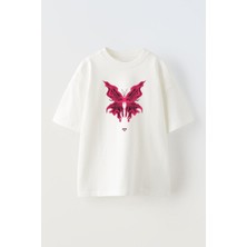 Unisex Pembe Kelebek Tasarım Baskılı Pamuk Beyaz Oversize T-Shirt