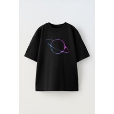 Unisex Saturn Tasarım Baskılı Pamuk Sıyah Oversize T-Shirt