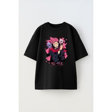Unisex Sukuna Splash Art Tasarım Baskılı Pamuk Sıyah Oversize T-Shirt