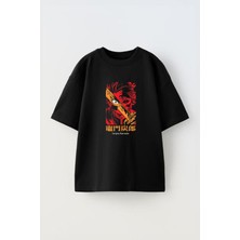 The Wert Unisex Damon Slayer Anime Design Tasarım Baskılı Pamuk Sıyah Oversize T-Shirt