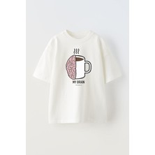 Unisex My Brain Beyin ve Kahve Tasarım Baskılı Pamuk Beyaz Oversize T-Shirt
