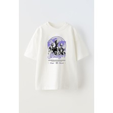 Unisex Uzaylı Saldırısı Tasarım Baskılı Pamuk Beyaz Oversize T-Shirt