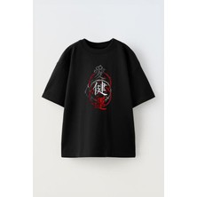The Wert Unisex Kırmız Gri Jopon Harfler Tasarım Baskılı Pamuk Sıyah Oversize T-Shirt