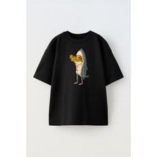 Unisex Köpekbalıgı Kostumu Giymis Kurbaga Tasarım Baskılı Pamuk Sıyah Oversize T-Shirt