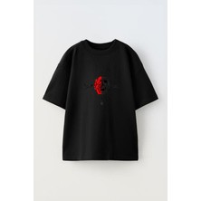 Unisex Gül Kurukafa Tasarım Baskılı Pamuk Sıyah Oversize T-Shirt
