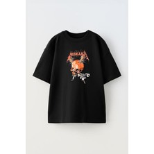 Unisex Metallıc Kurukafa Tasarım Baskılı Pamuk Sıyah Oversize T-Shirt