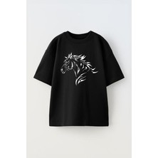 Unisex At Cizim Tasarım Baskılı Pamuk Sıyah Oversize T-Shirt