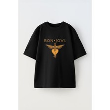 Unisex Bon Jovi Tasarım Baskılı Pamuk Sıyah Oversize T-Shirt