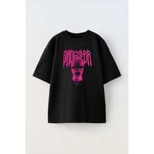 Unisex Pink Gangster Tasarım Baskılı Pamuk Sıyah Oversize T-Shirt