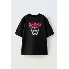 Unisex Bad Brains Skull Tasarım Baskılı Pamuk Sıyah Oversize T-Shirt