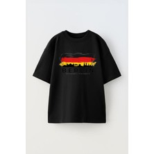 Unisex Berlin Skyline Tasarım Baskılı Pamuk Sıyah Oversize T-Shirt