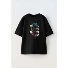 Unisex Goku Japon Yazılar Mavi Tasarım Baskılı Pamuk Sıyah Oversize T-Shirt