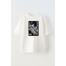 Unisex Demon Slayer Rangoku Tasarım Baskılı Pamuk Beyaz Oversize T-Shirt