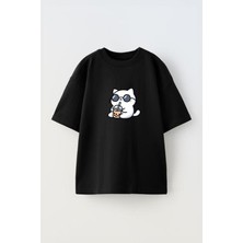 The Wert Unisex Cool Cat Tasarım Baskılı Pamuk Sıyah Oversize T-Shirt
