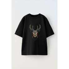 Unisex Geyik Tasarım Baskılı Pamuk Sıyah Oversize T-Shirt