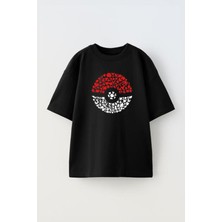 The Wert Unisex Pokemon Topu Karakterler Tasarım Baskılı Pamuk Sıyah Oversize T-Shirt