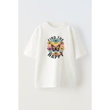 Unisex Fınd The Happy Tasarım Baskılı Pamuk Beyaz Oversize T-Shirt