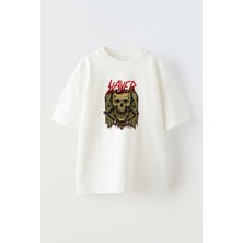 The Wert Unisex Kafatası Flayer Tasarım Baskılı Pamuk Beyaz Oversize T-Shirt