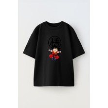 The Wert Unisex Little Goku Baby Shar Tasarım Baskılı Pamuk Sıyah Oversize T-Shirt