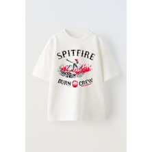 The Wert Unisex Spıtfıre Burn Crew Tasarım Baskılı Pamuk Beyaz Oversize T-Shirt