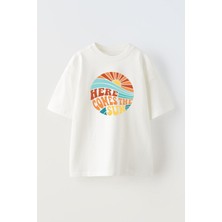 The Wert Unisex Here Comes The Sun Tasarım Baskılı Pamuk Beyaz Oversize T-Shirt