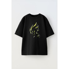 Unisex Goku Yellow Tasarım Baskılı Pamuk Sıyah Oversize T-Shirt
