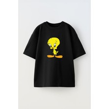Unisex Tweety Tasarım Baskılı Pamuk Sıyah Oversize T-Shirt