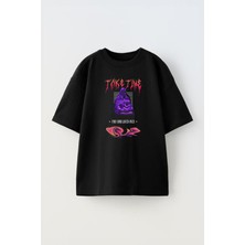 The Wert Unisex Take Time Tasarım Baskılı Pamuk Sıyah Oversize T-Shirt