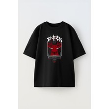 The Wert Unisex Şeytan Geyik Tasarım Baskılı Pamuk Sıyah Oversize T-Shirt
