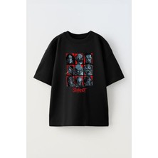 Unisex Slipknot Yüzler Tasarım Baskılı Pamuk Sıyah Oversize T-Shirt