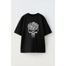 The Wert Unisex Punısher Tasarım Baskılı Pamuk Sıyah Oversize T-Shirt