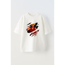 Unisex Anime Luffy Straw Ha Tone Piece Kesik Tasarım Baskılı Pamuk Beyaz Oversize T-Shirt