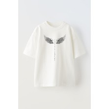 The Wert Unisex Kanatlar Tasarım Baskılı Pamuk Beyaz Oversize T-Shirt