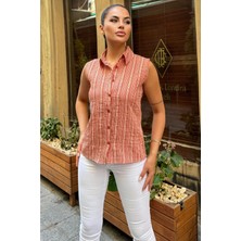 New Laviva Kadın Bordo Çizgili Desen, Dokulu Bodrum Kumaş, Kolsuz Rahat Gömlek