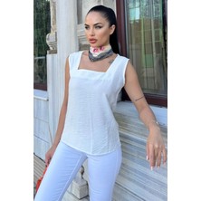 New Laviva Kadın Ekru Kalın Askılı, Kare Yaka, Salaş Keten Bluz