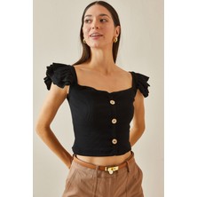 Siyah Kolları Fırfırlı Düğmeli Bluz 5YXK2-48736-02