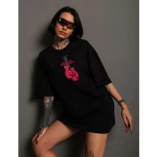 Tua Moda Unisex Bisiklet Yaka Baskılı Oversize T-Shirt - Siyah