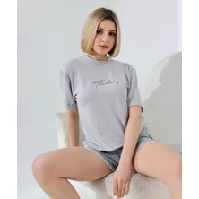 Tua Moda Unisex Bisiklet Yaka Baskılı Slim Fit T-Shirt - Boyalı Gri