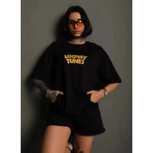 Tua Moda Unisex Bisiklet Yaka Baskılı Oversize T-Shirt - Siyah