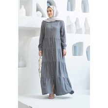 Neways 6556-DENIM Düğmeli Büzgülü Elbise Gri