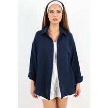 Ritnice Kadın Yumuşak Müslin Kumaş Uzun Lacivert Oversize Gömlek