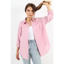 Ritnice Kadın Yumuşak Müslin Kumaş Uzun Pudra Oversize Gömlek