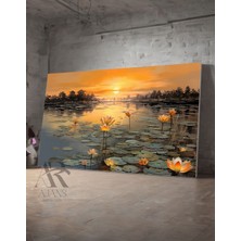 AR AJANS Kanvas Tablo Lotus Çiçekleri Göl Detaylı Renkli Dekoratif 3 cm Derinlik Çerçevesiz
