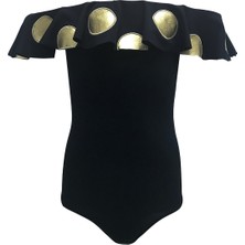 Look Me Kayık Yaka Volanlı Gold Puantiye Desenli 50UV Kız Çocuk Mayo BY NESSI BYRD