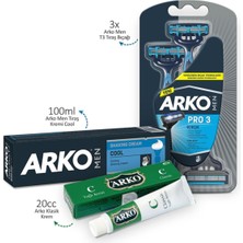 BarkoFix Arko Men Tıraş Kremi Cool 100ML ve Men T3 Tıraş Bıçağı 3'lü Olan ve Klasik Yağlı Krem 20CC