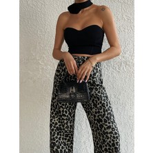 Aref Jeans Uzun Salaş Leopar Desenli Kadın Kot Pantolon