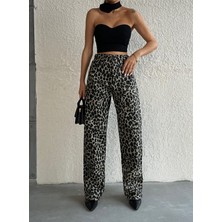 Aref Jeans Uzun Salaş Leopar Desenli Kadın Kot Pantolon
