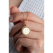 Silvano Jewelry 925 Ayar Gümüş Gold Dönebilen Gülen Yüz Kolye