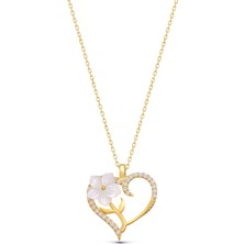 Silvano Jewelry 925 Ayar Gümüş Sedefli Gül Sarmaşık Kalp Kolye